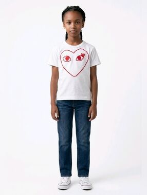 Comme des Garçons PLAY White Tee with Black Logo and Red Accent